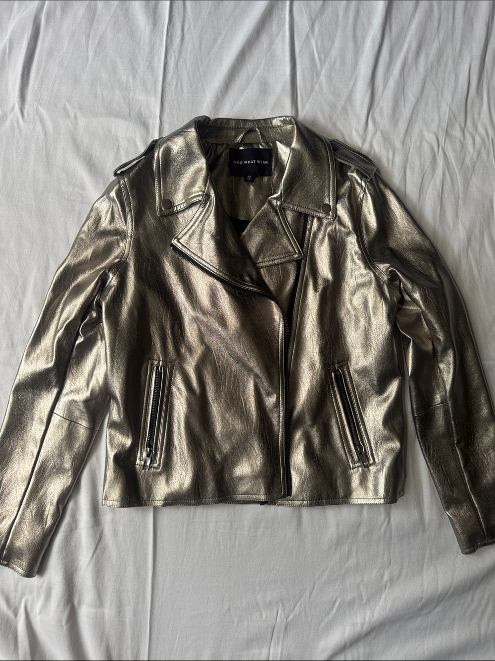 Who What Wear Metallic Gold Leather Moto Jacket with Zip Pockets